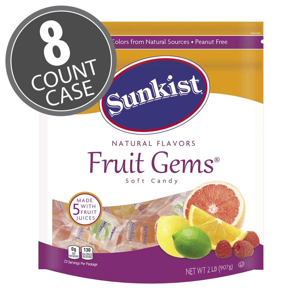 Sunkist Fruit Gems Individually Wrapped - 2 lb Pouch - 8-Count Case