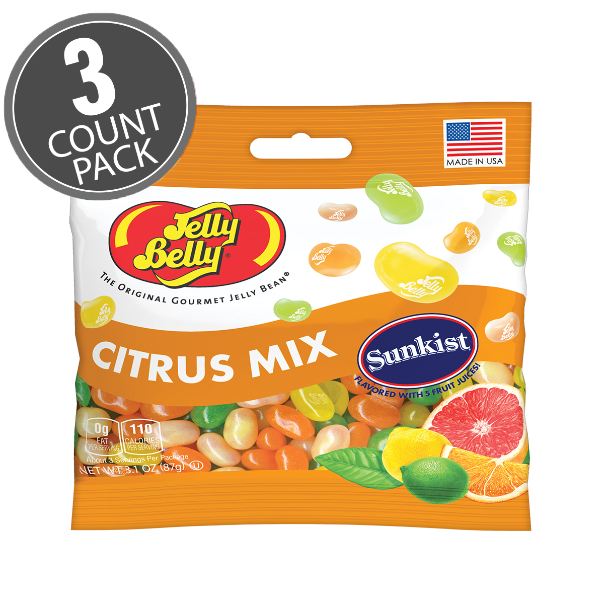 Sunkist Citrus Mix Jelly Beans 3.1 oz Grab &amp; Go Bag - 3 Count Pack