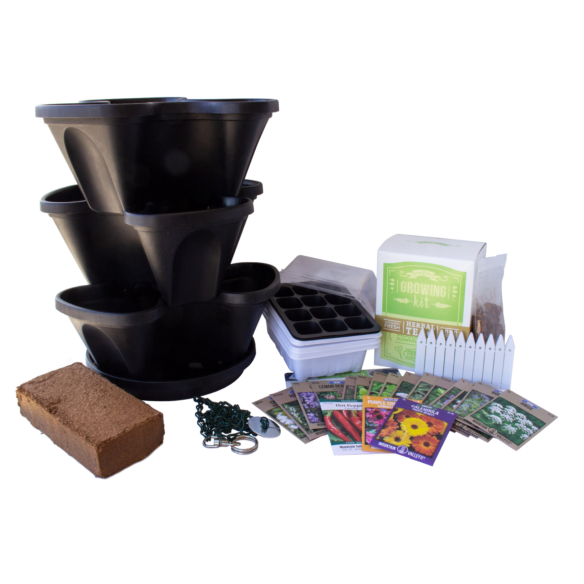 Herbal Tea &amp; Medicinal Herb Garden Starter Kit - Black Hanging Planter Pot