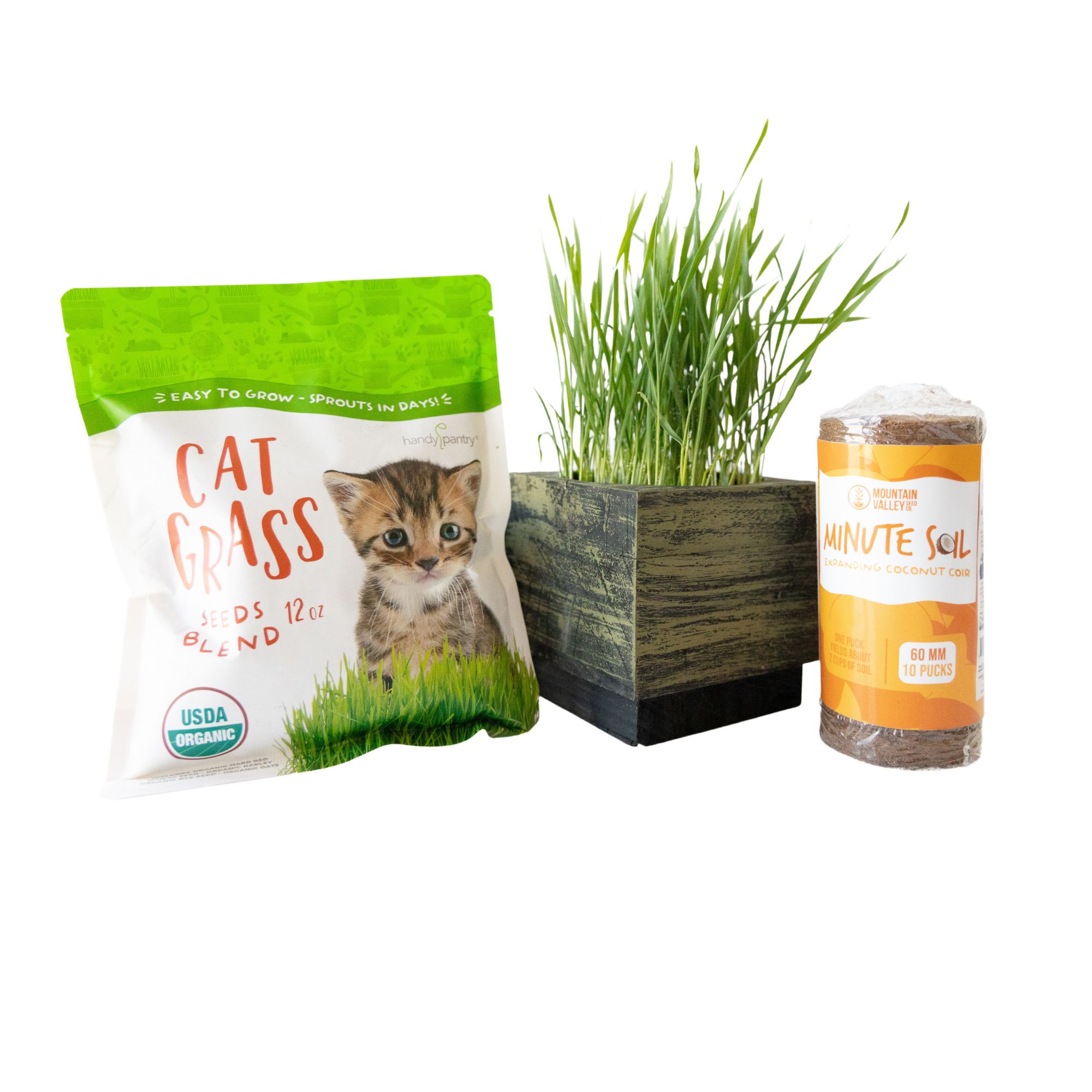 Deluxe Organic Cat Grass Kit With Wooden Planter &amp; Minute Soil - Enough Seed &amp; Soil for 10 Grows