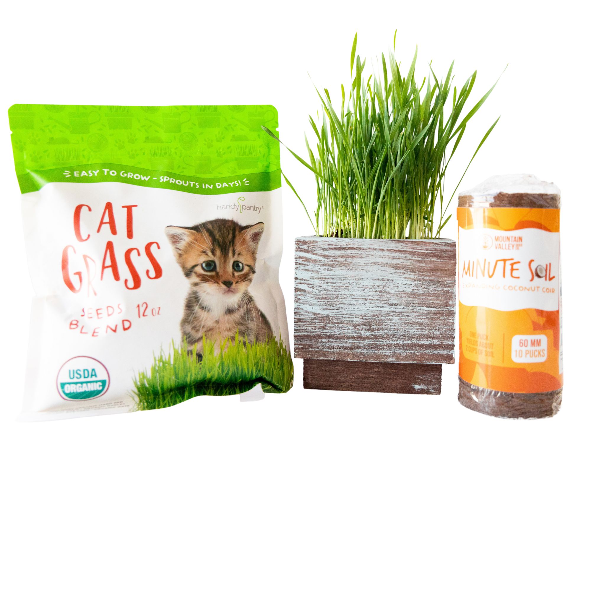 Deluxe Organic Cat Grass Kit With Wooden Planter &amp; Minute Soil - Enough Seed &amp; Soil for 10 Grows