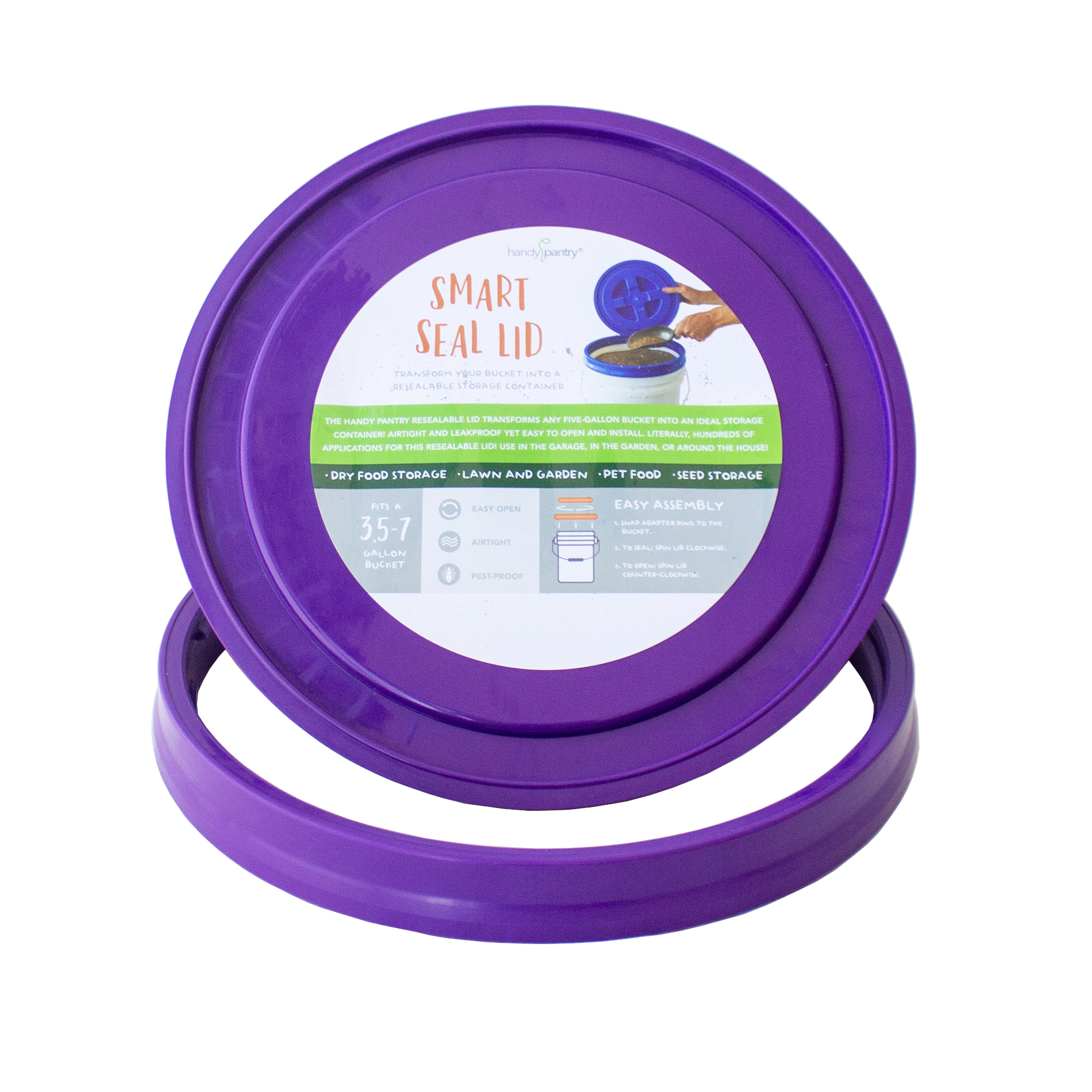 Smart Seal Lid - Purple - 3 Gal - Dry Food Container - Waterproof - Twist On Off Lid for Bucket &amp; Pail - Emergency Storage, Prep