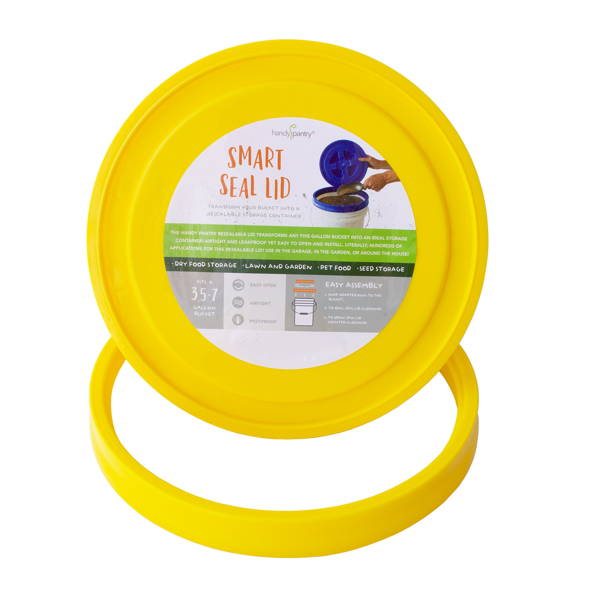 Smart Seal Lid - Yellow - 5 Gal Smoker Wood Pellet Storage Lids - Twist On Off Lid for Bucket &amp; Pail - Emergency Storage, Preppe